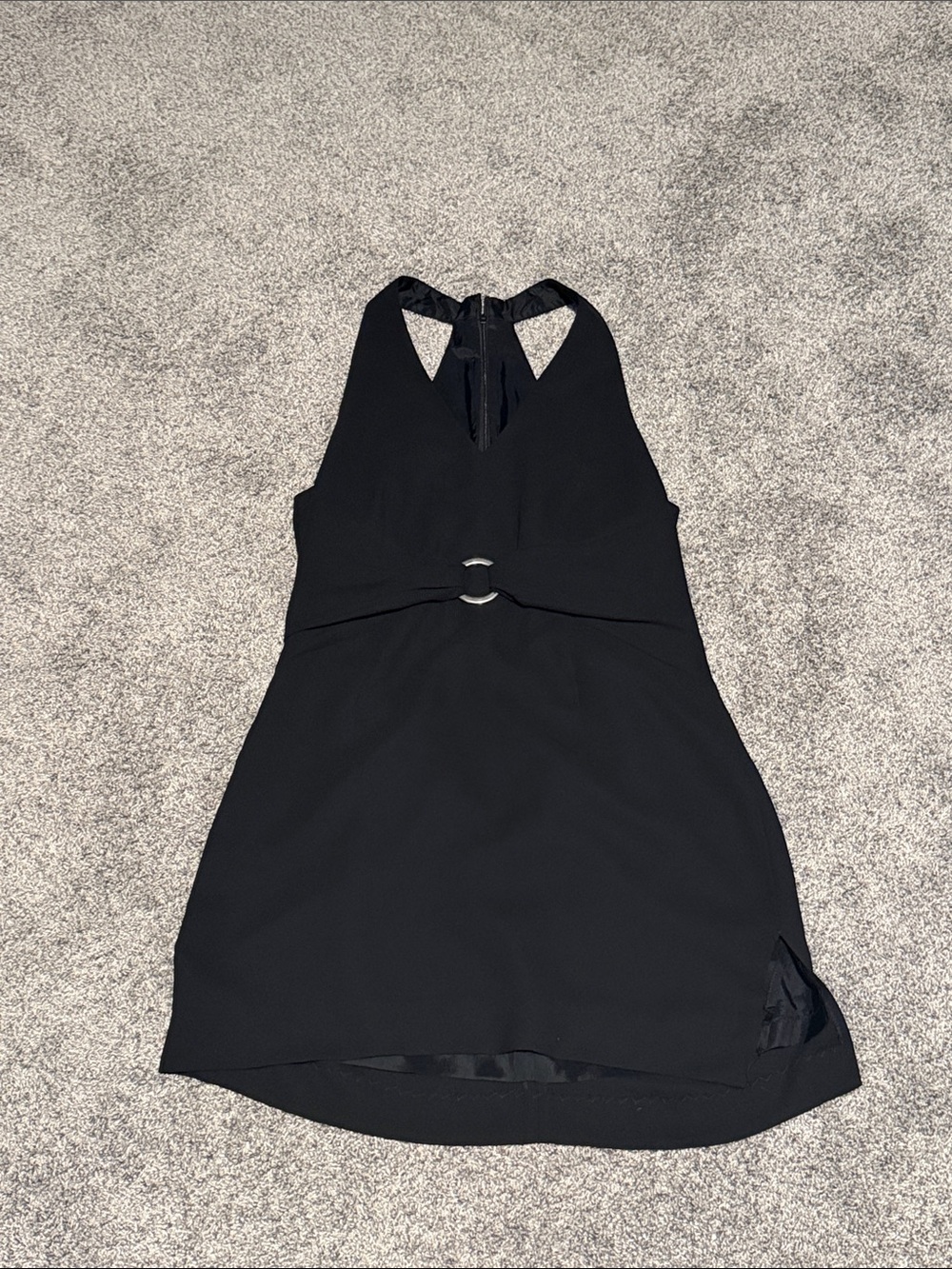 Donna Morgan Black Halter Mini Dress with Ring Accent